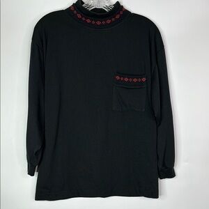 Vintage Crystal Black Mock Neck Long Sleeve Shirt Red Trim Size Medium